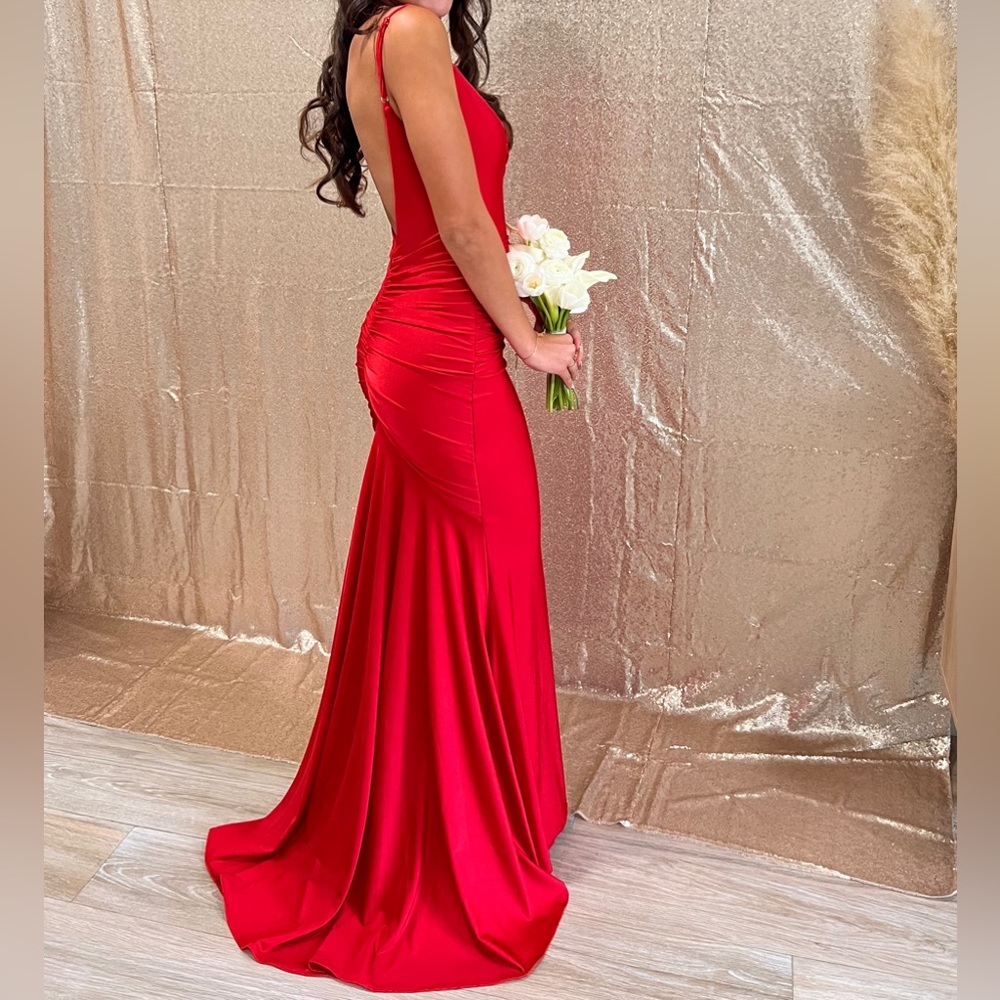 La Femme red open back prom dress